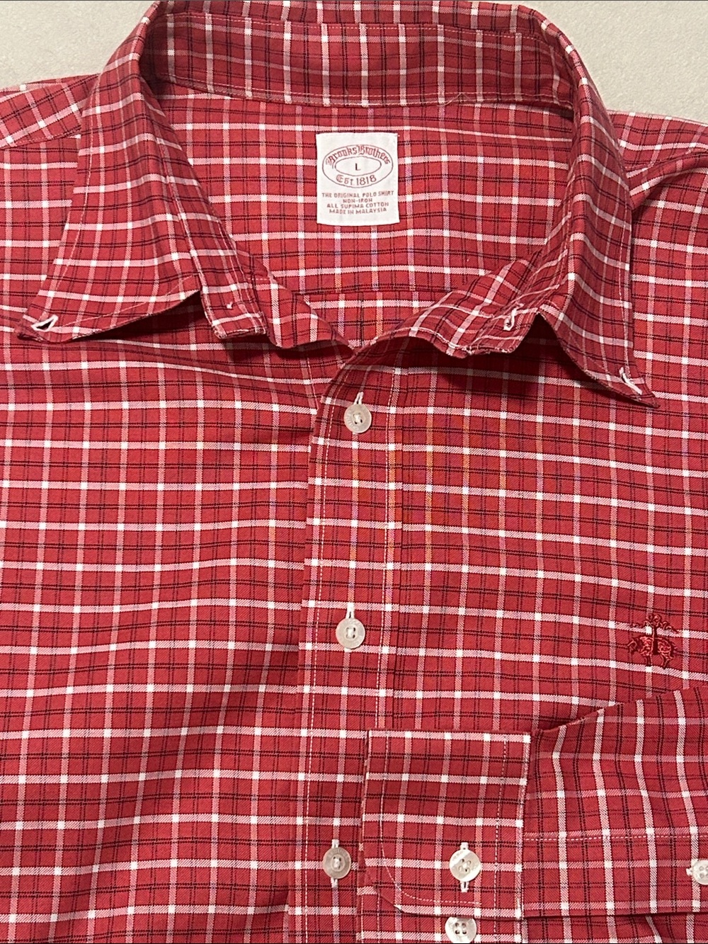 Brooks Brothers Men's Non-Iron Supima Cotton Button Down Shirt Red Check L